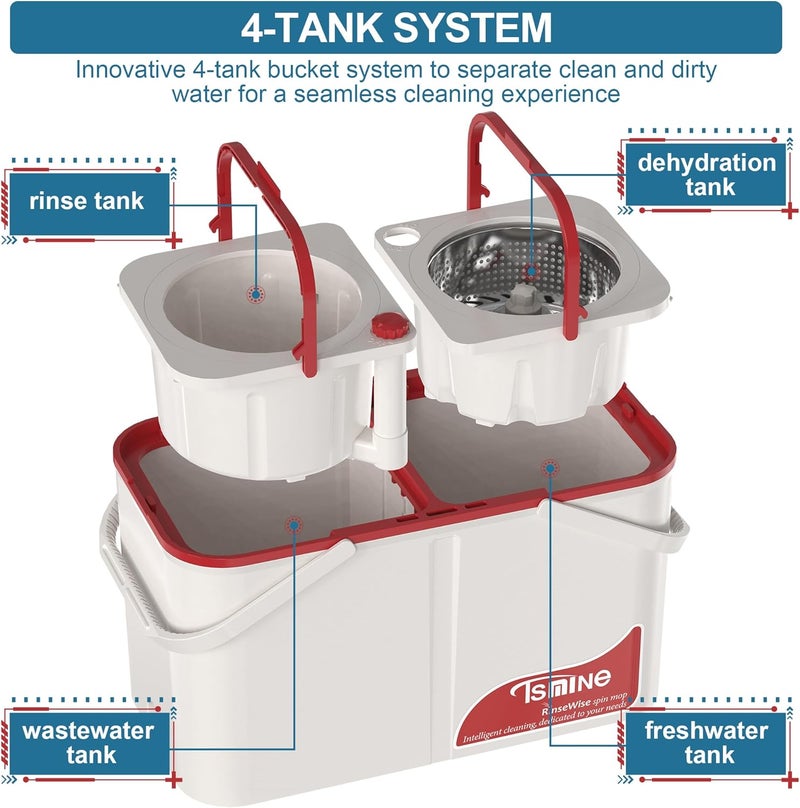 RinseWise Store Gen 1 Large-Capacity Spin Mop and Bucket – for Big Homes & Deep Cleaning Days,4-Chamber System Separates Dirty & Clean Water, 2-GAL Heavy-Duty Design with Wheels & 6 Refill Mop Heads - White/Red - Image 2